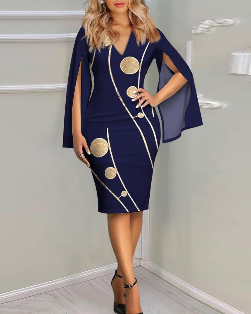 Floral Print Sheath Midi Dress with V-Neck and Slit Sleeves