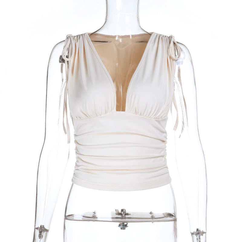 Solid Ruched Cropped Tank Top with Deep V-Neck and Tie Straps