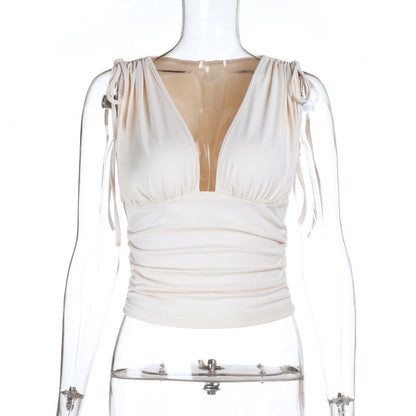 Solid Ruched Cropped Tank Top with Deep V-Neck and Tie Straps