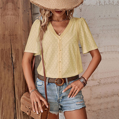 Relaxed Fit Broderie Anglaise Top with V-Neck and Short Sleeves