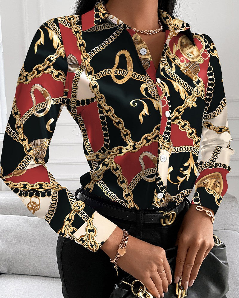 Scarf Print Long Sleeve Button-Down Shirt with Lapel