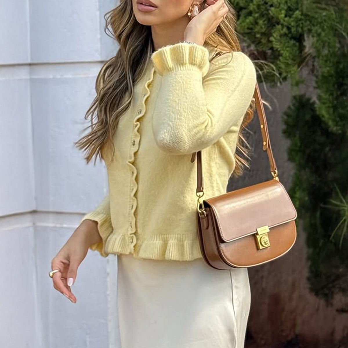 Knit Cardigan with Ruffle Trim and Round Neck