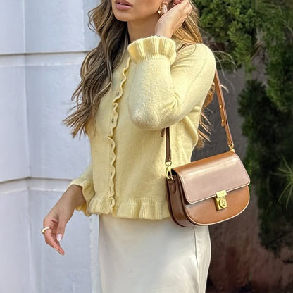 Knit Cardigan with Ruffle Trim and Round Neck