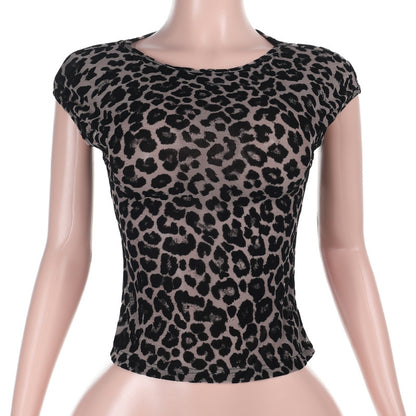 Leopard Print Flocked Mesh Top with Cap Sleeves