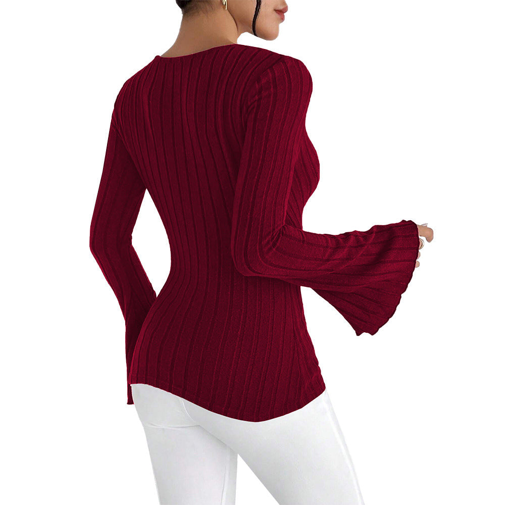 Slim Fit Ribbed Top with V-Neck and Flared Sleeves