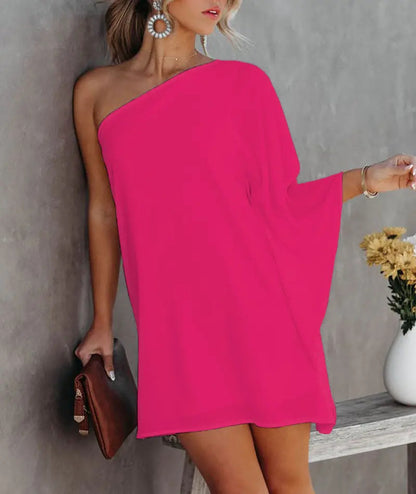 Printed One-Shoulder Mini Dress with Bat Sleeves