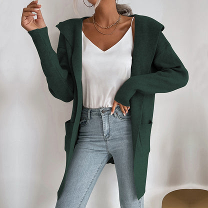 Long Open-Front Cardigan with Hood and Ribbed Knit