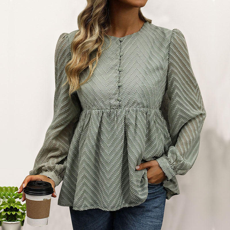 Zigzag Jacquard Peplum Blouse with Long Sleeves
