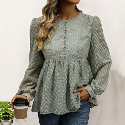 Zigzag Jacquard Peplum Blouse with Long Sleeves