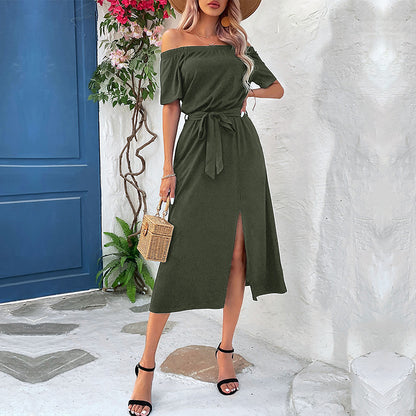 Solid Off-Shoulder Midi Dress with Tie-Waist and Side Slit