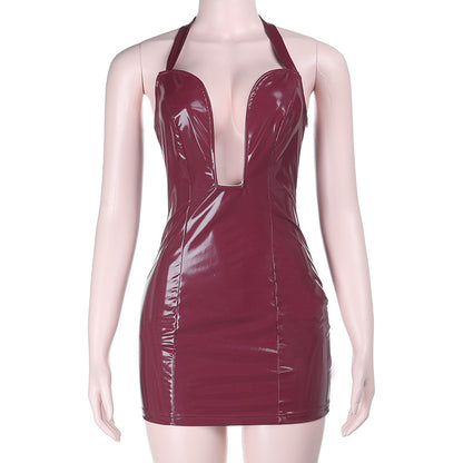 Halterneck PU Leather Bodycon Dress with Plunging V-Neck