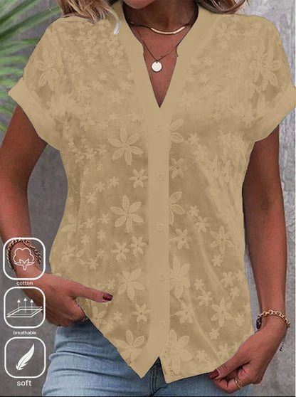 Floral Lace Blouse with V-Neck and Short Sleeves