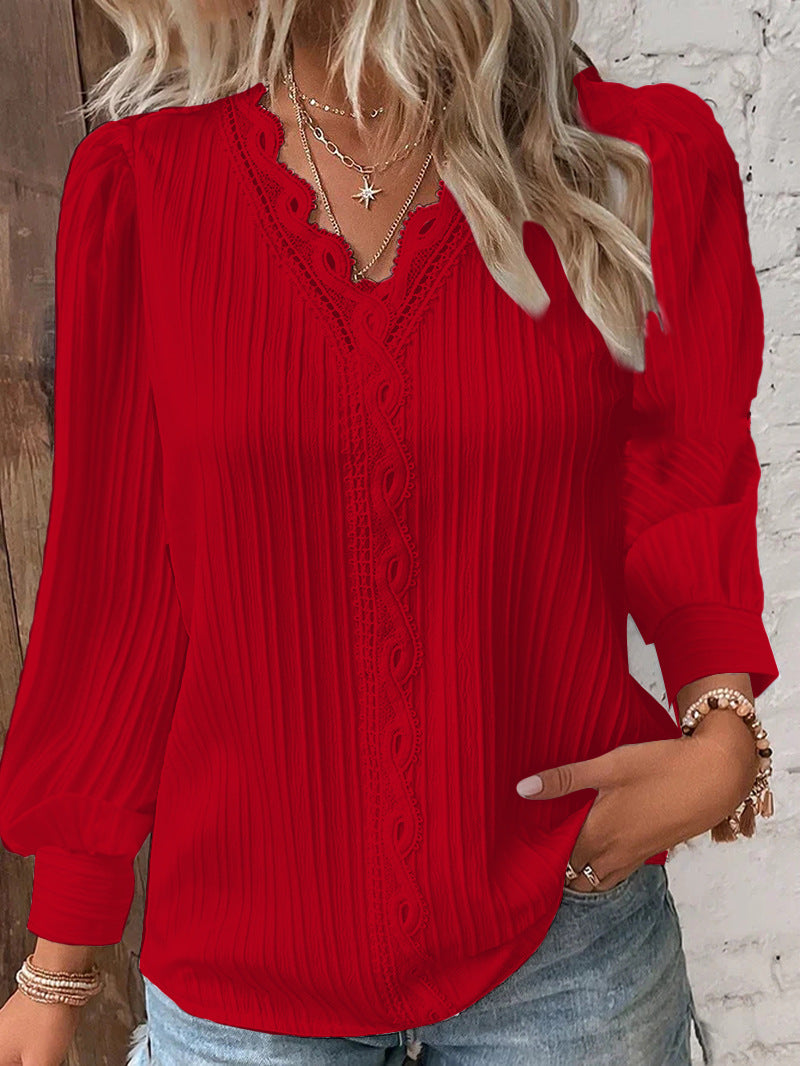 Long-Sleeve Pleated Blouse with V-Neck and Lace Trim