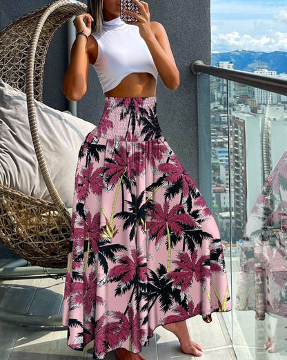 High-Waist Shirred Maxi Skirt with Print