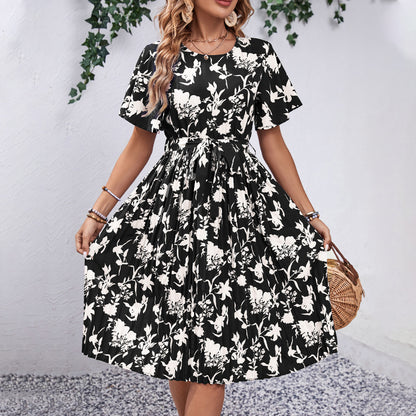 Floral Print Pleated Midi Dress with Tie-Waist