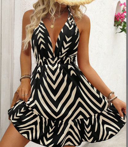 Geometric Print Halter Mini Dress with Deep V-Neck
