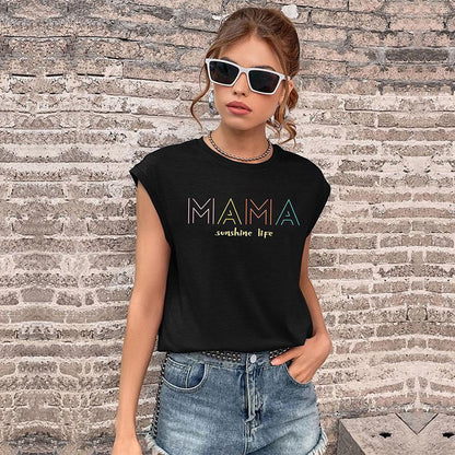 Loose Graphic Print T-Shirt with Cap Sleeves and Crewneck