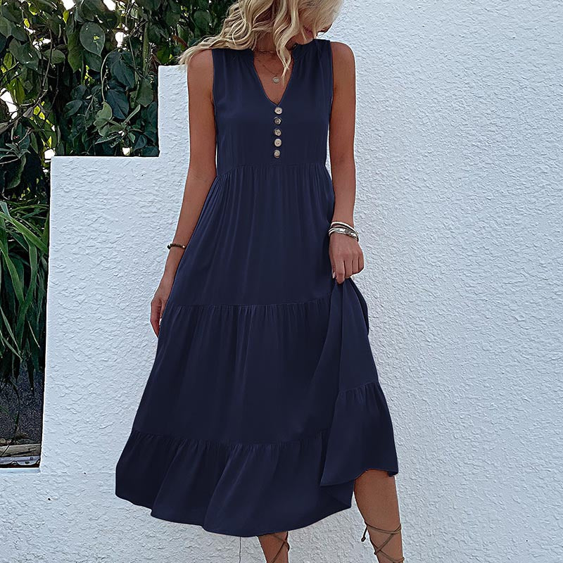 Solid A-Line Tiered Midi Dress with V-Neck and Sleeveless