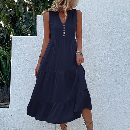 Solid A-Line Tiered Midi Dress with V-Neck and Sleeveless