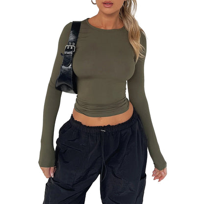 Slim Fit Long Sleeve Crewneck Top in Solid Colors