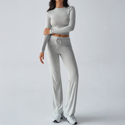 Solid Cropped Long-Sleeve Top & Straight-Leg Pants Loungewear Set