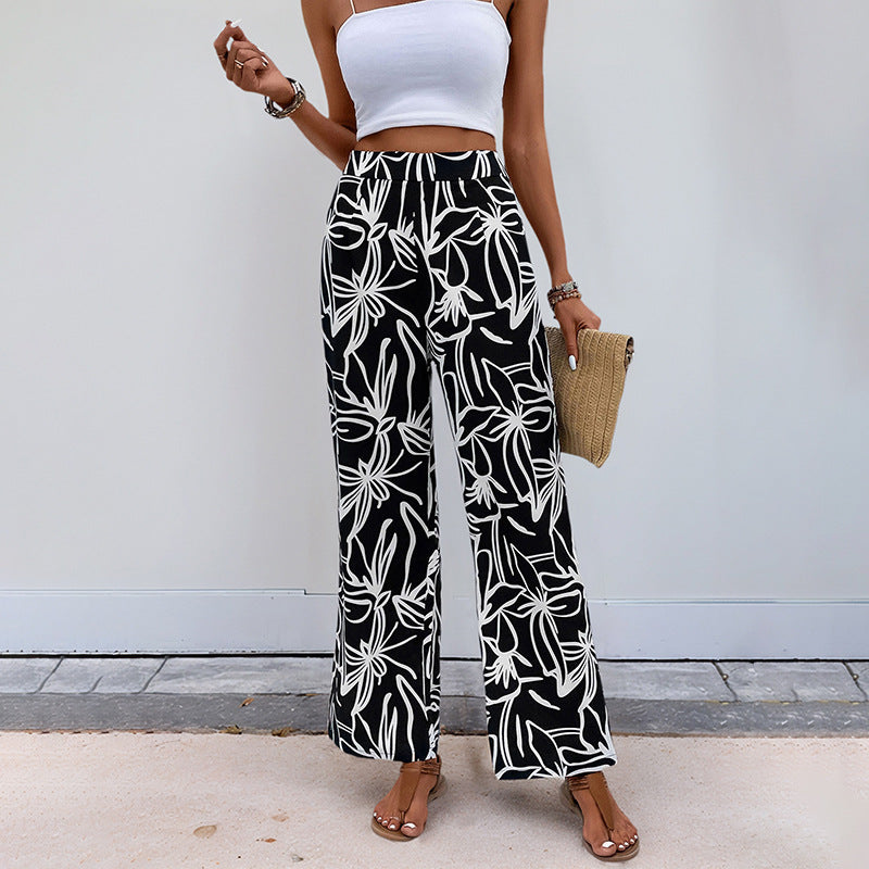Tropical Print Wide-Leg Pants with High Waist