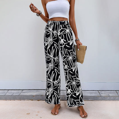 Tropical Print Wide-Leg Pants with High Waist