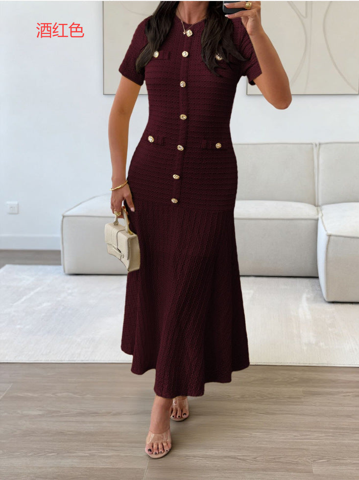 Textured Knit A-Line Midi Dress with Button Front