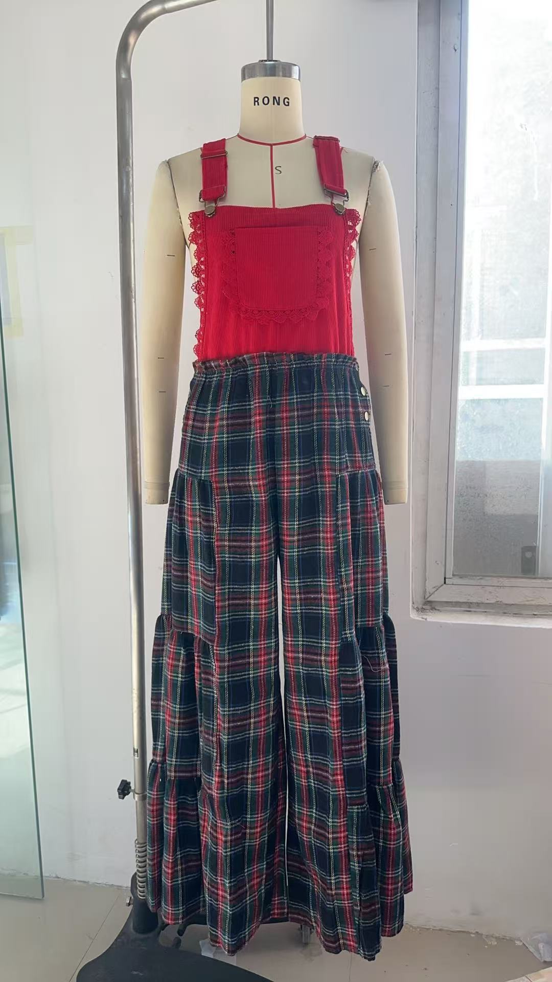 Tiered Wide-Leg Plaid Overalls with Scalloped Trim