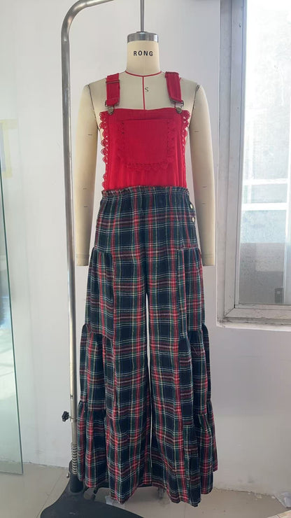 Tiered Wide-Leg Plaid Overalls with Scalloped Trim