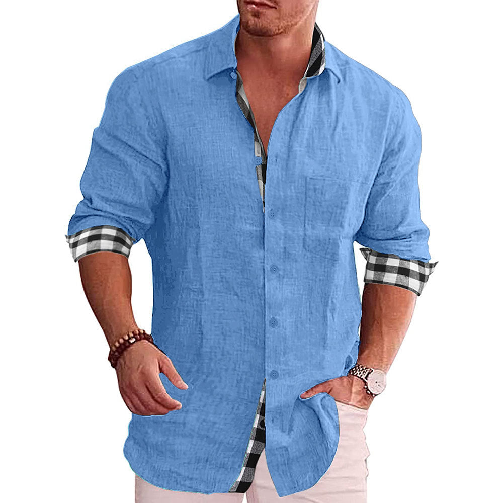 Long Sleeve Button-Down Shirt with Plaid Contrast
