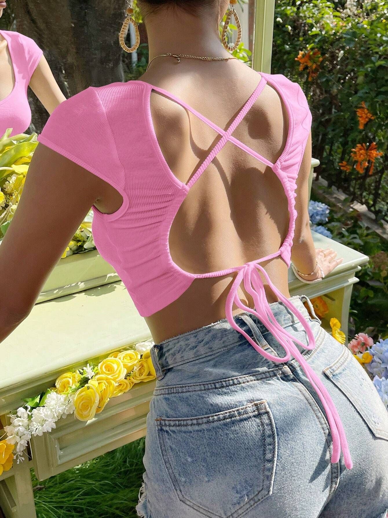 Cropped Ribbed Knit Top with U-Neck and Short Sleeves