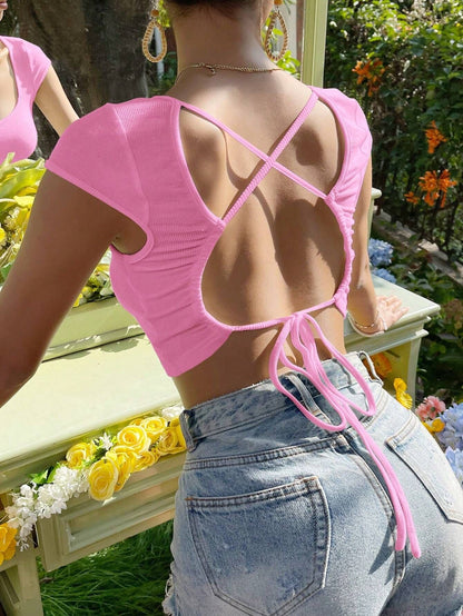 Cropped Ribbed Knit Top with U-Neck and Short Sleeves