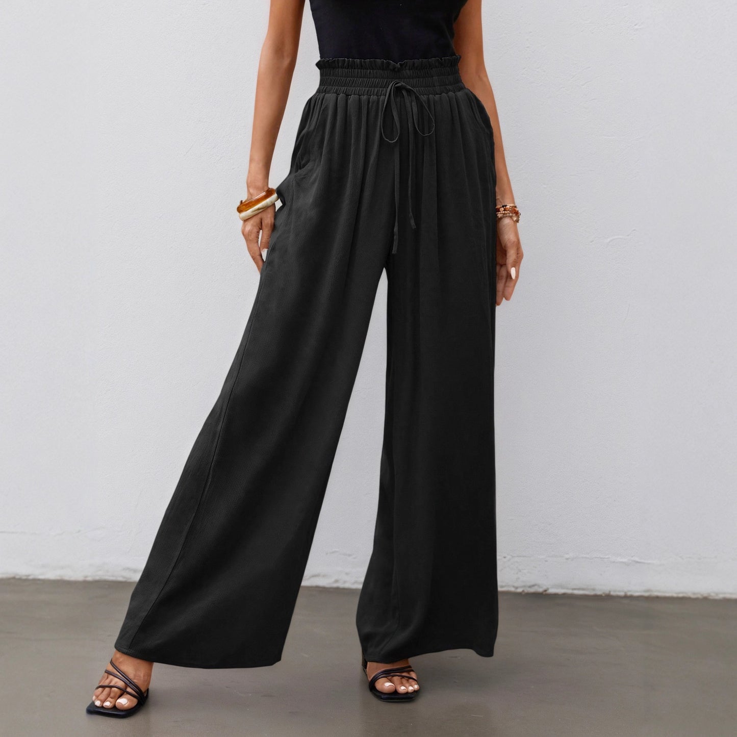 Wide-Leg Pants with Drawstring Paperbag Waist