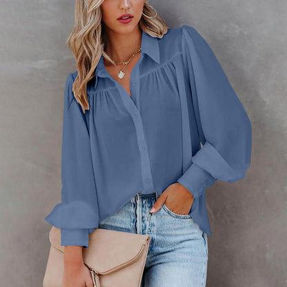 Solid Button-Down Blouse with Pleated Yoke and Lantern Sleeves