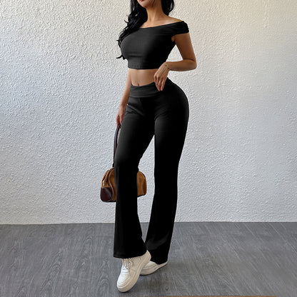 Solid Ribbed Pants Set with Off-Shoulder Crop Top