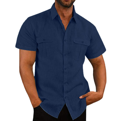 Solid Short Sleeve Linen Blend Shirt with Double Pockets