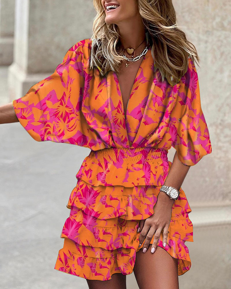 Tiered Mini Dress with Bat Sleeves and V-Neck
