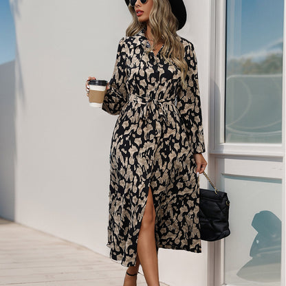 Abstract Print Shirt Dress with Tie-Waist and Slit
