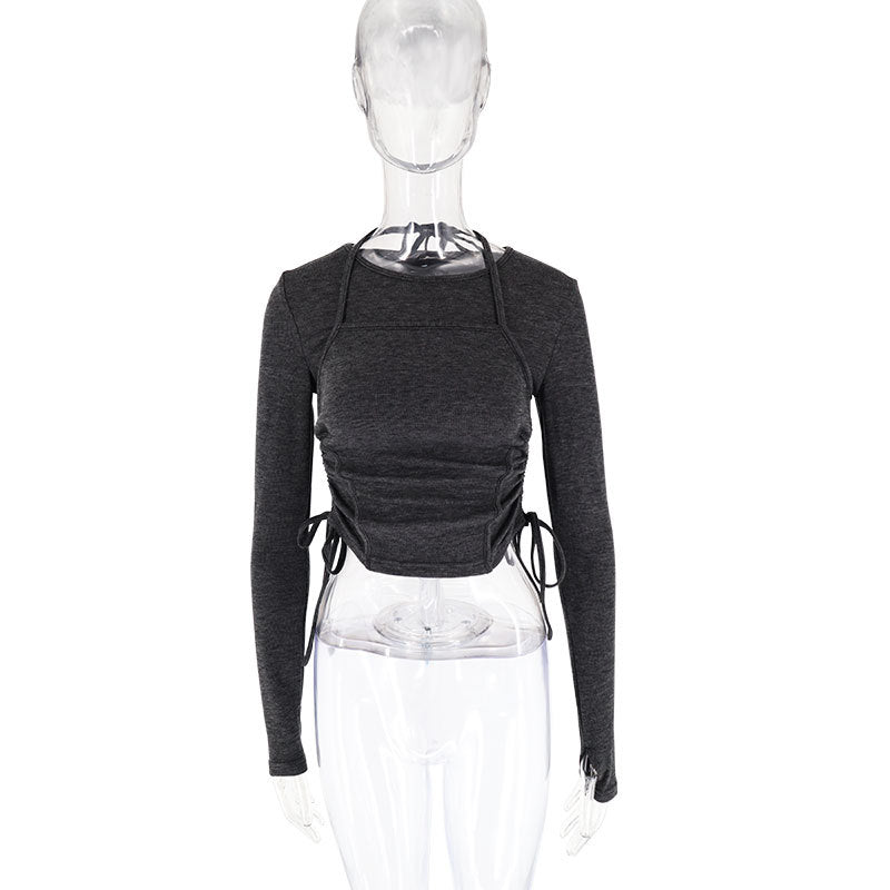 Solid Slim Fit Cropped Top with Square-Neck Overlay and Side Ruching