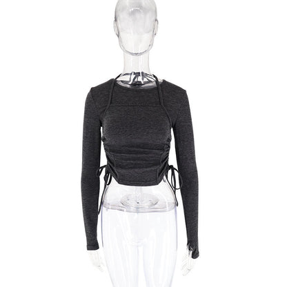 Solid Slim Fit Cropped Top with Square-Neck Overlay and Side Ruching