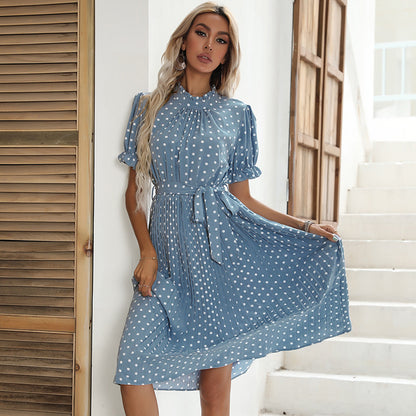 Polka Dot Pleated Midi Dress with Half Turtleneck and Tie-Waist