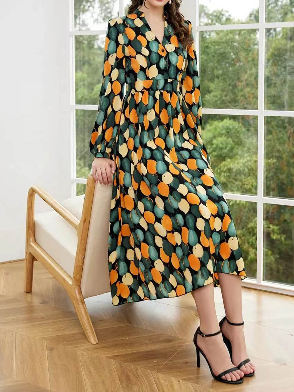 Leaf Print A-Line Midi Dress with V-Neck and Long Sleeves