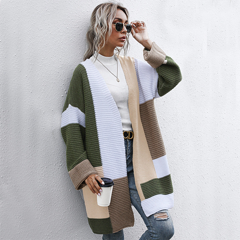 Color-Blocked Longline Knit Cardigan with Open Front