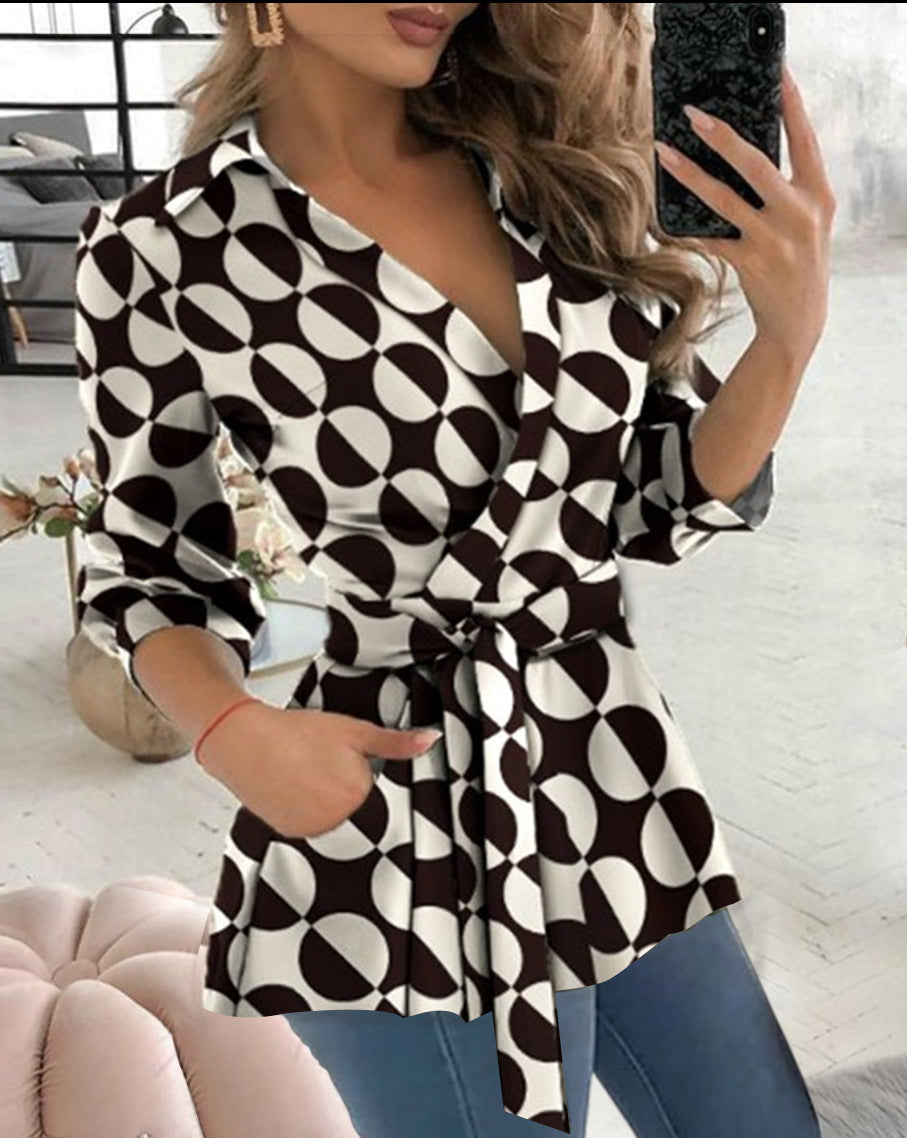 Wrap Peplum Blouse with V-Neck and Self-Tie Belt