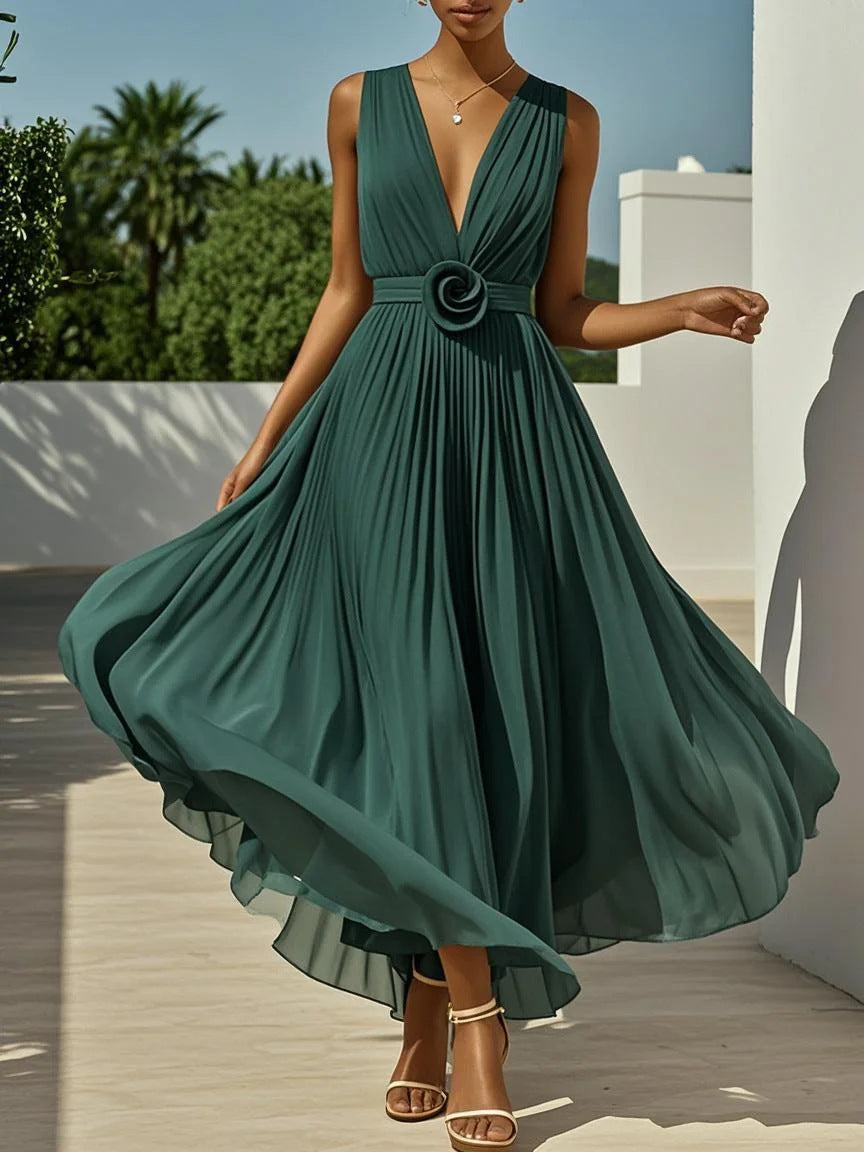 Pleated A-Line Maxi Dress with Deep V-Neck and Sleeveless
