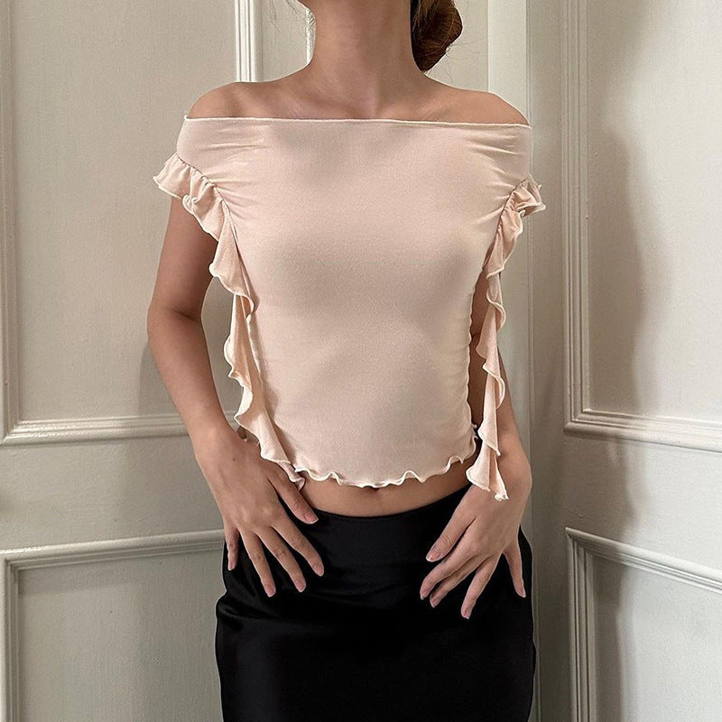 Slim Fit Off-Shoulder Crop Top with Ruffle Trim and Side Ties