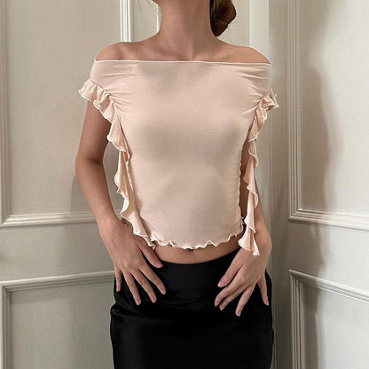 Slim Fit Off-Shoulder Crop Top with Ruffle Trim and Side Ties
