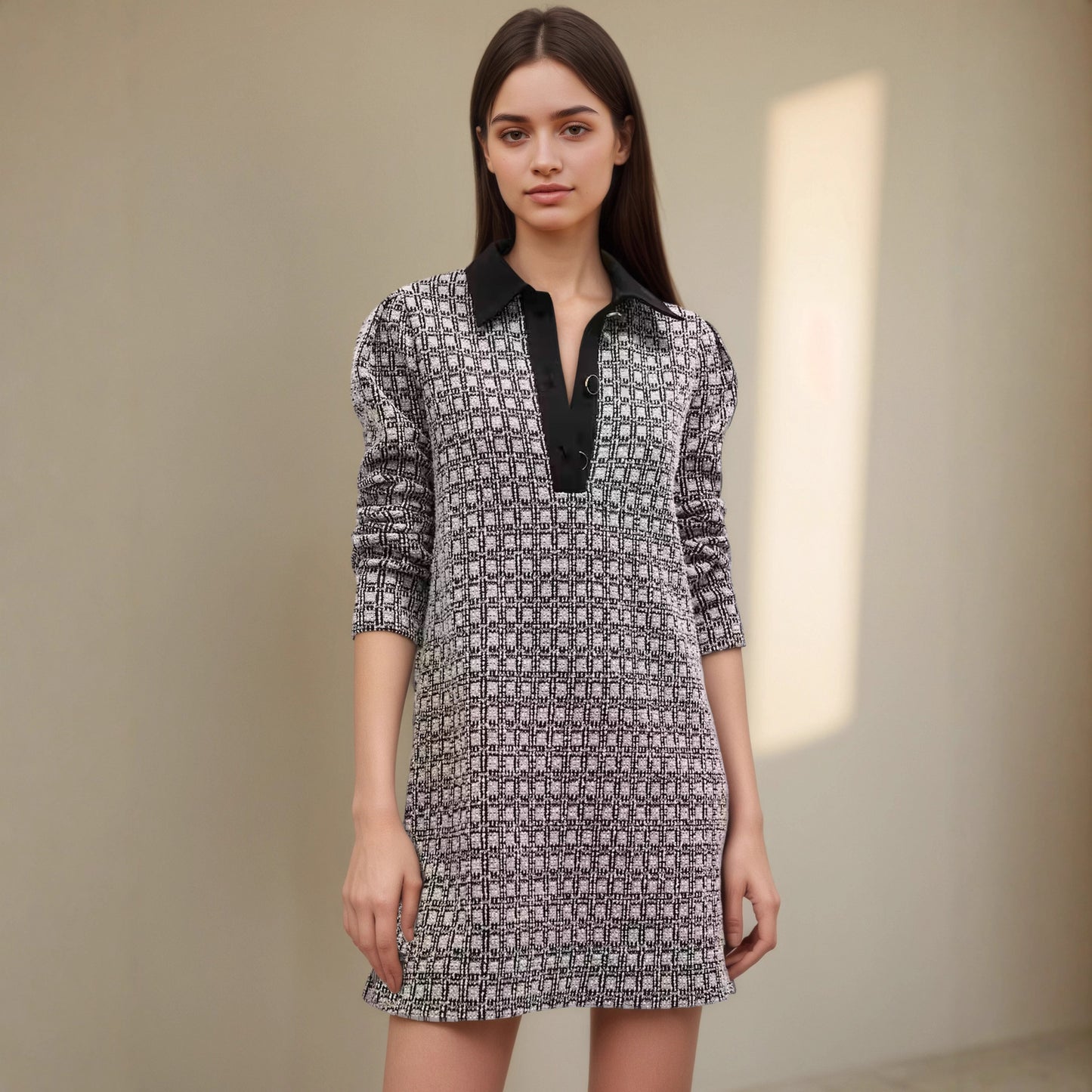 Houndstooth Shirt Dress with Collared V-Neck