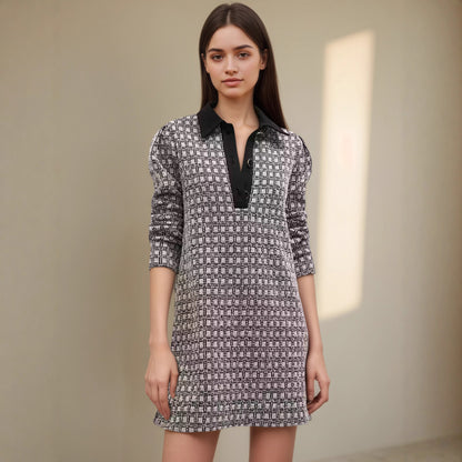 Houndstooth Shirt Dress with Collared V-Neck